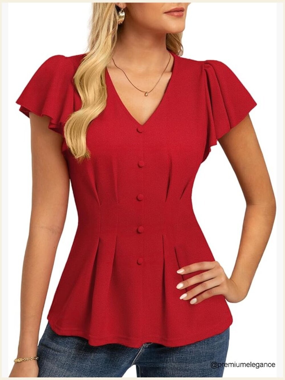 Ruffle Sleeve Peplum Top Business Work Shirt V-Neck Stretchy Blouse